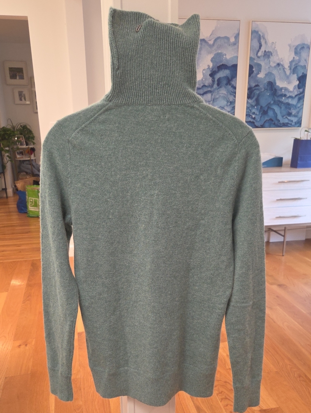 Lands' End Womens High Funnel-Neck 100% Cashmere Green Sweater - Small Tall (ST)